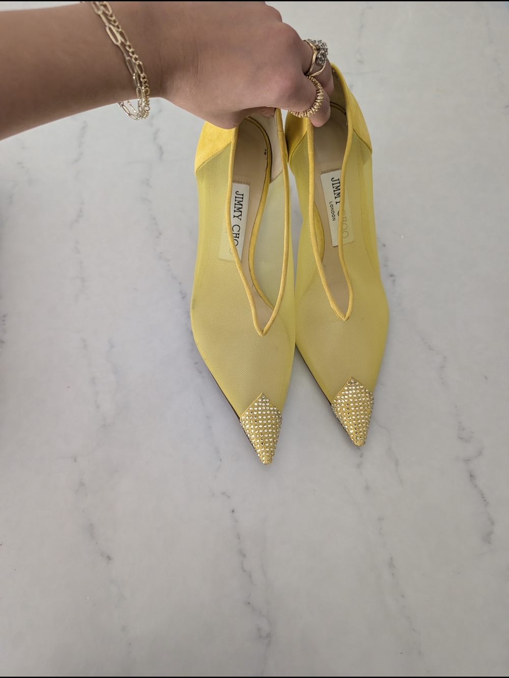 Jimmy Choo Yellow Pointed Toe Embellished Flats